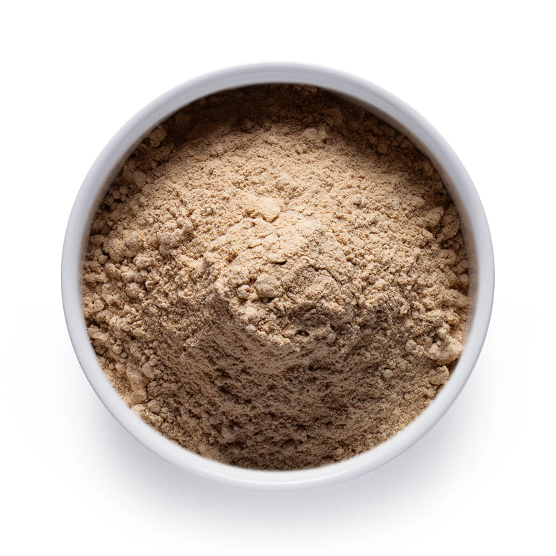 Dolce Superfoods lion’s mane mushroom powder in white bowl on white background