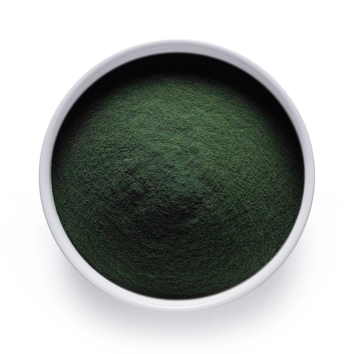 Dolce Superfoods organic chlorella powder in white bowl on white background