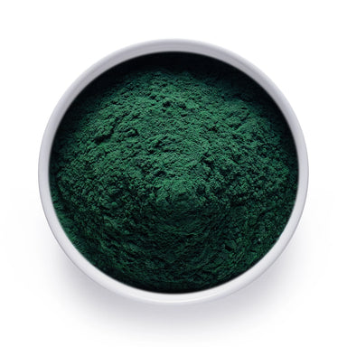 Bulk organic spirulina powder in a white bowl, deep green superfood powder for wholesale smoothies, beverages, and nutrition blends.