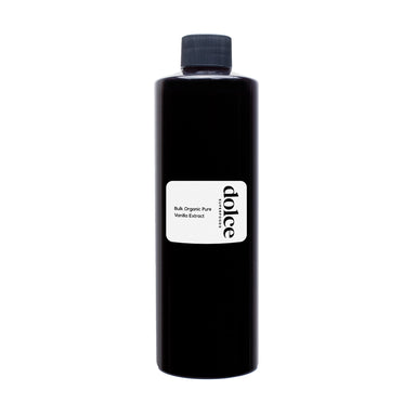 Bulk organic pure vanilla extract in a black bottle with Dolce Superfoods label on a white background