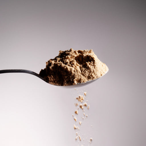 Spoon holding Dolce Superfoods organic maitake mushroom powder with fine powder falling below