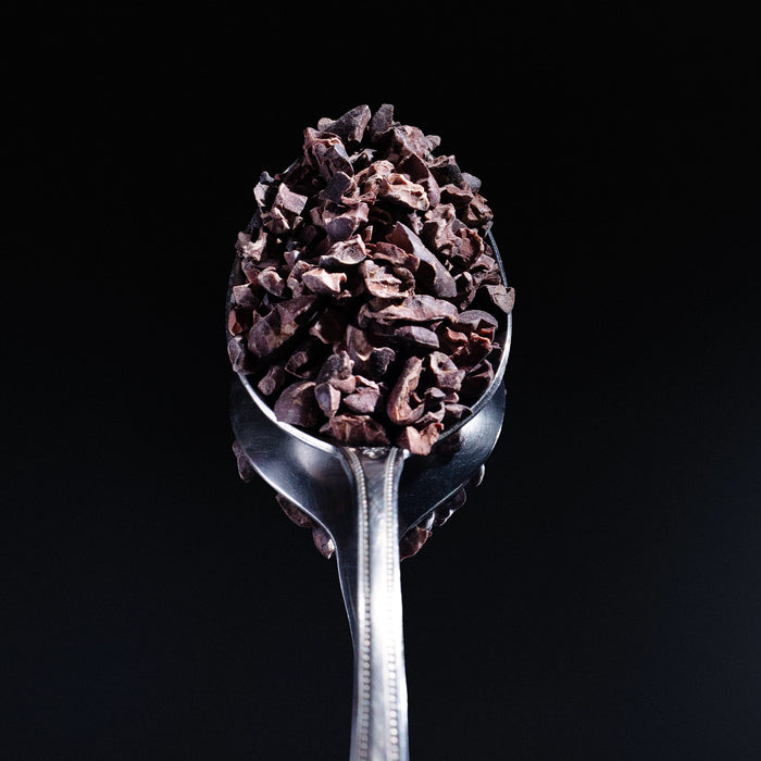 Dolce Superfoods organic cacao nibs on metal spoon against dark background