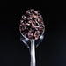 Dolce Superfoods organic cacao nibs on metal spoon against dark background