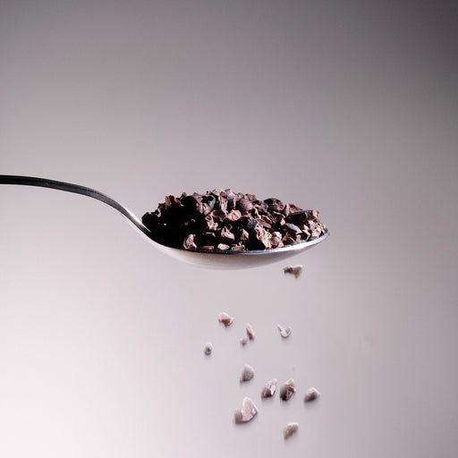 Dolce Superfoods organic cacao nibs on metal spoon with falling pieces