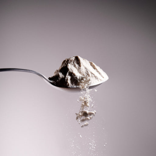 Dolce Superfoods psyllium husk powder on spoon against light background