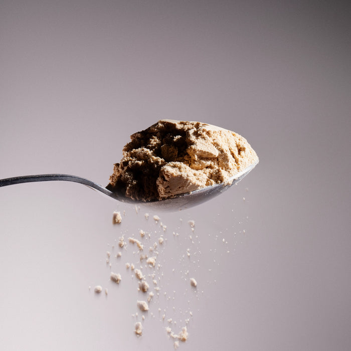 Spoon holding organic shiitake mushroom powder with fine powder falling below
