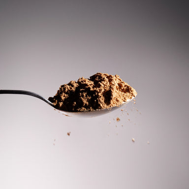 Spoon holding Dolce Superfoods turkey tail mushroom powder with fine powder falling below
