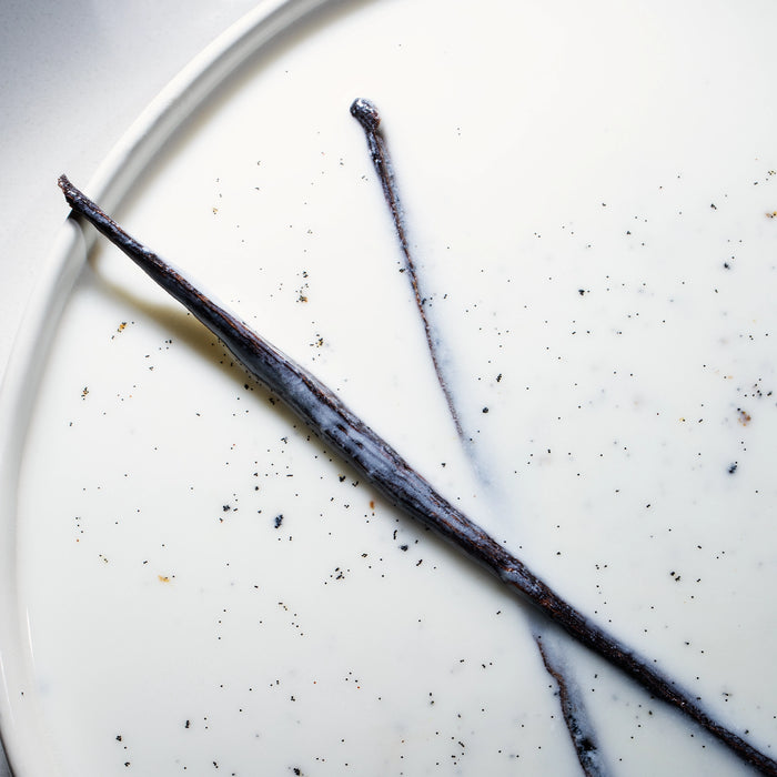 Dolce Superfoods Madagascar Vanilla Beans in a bowl of milk.