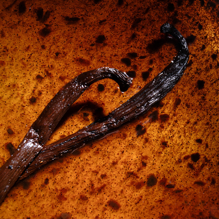 Vanilla beans submerged in Dolce Superfoods vanilla paste