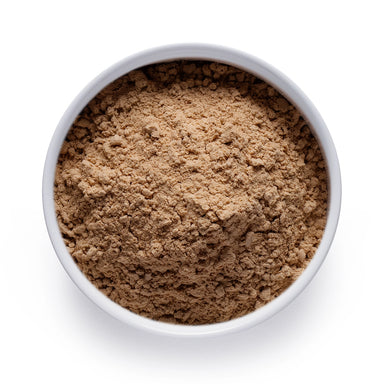 Organic Himematsutake (Agaricus blazei) mushroom powder in a white bowl, finely milled functional mushroom for bulk and wholesale wellness formulations.